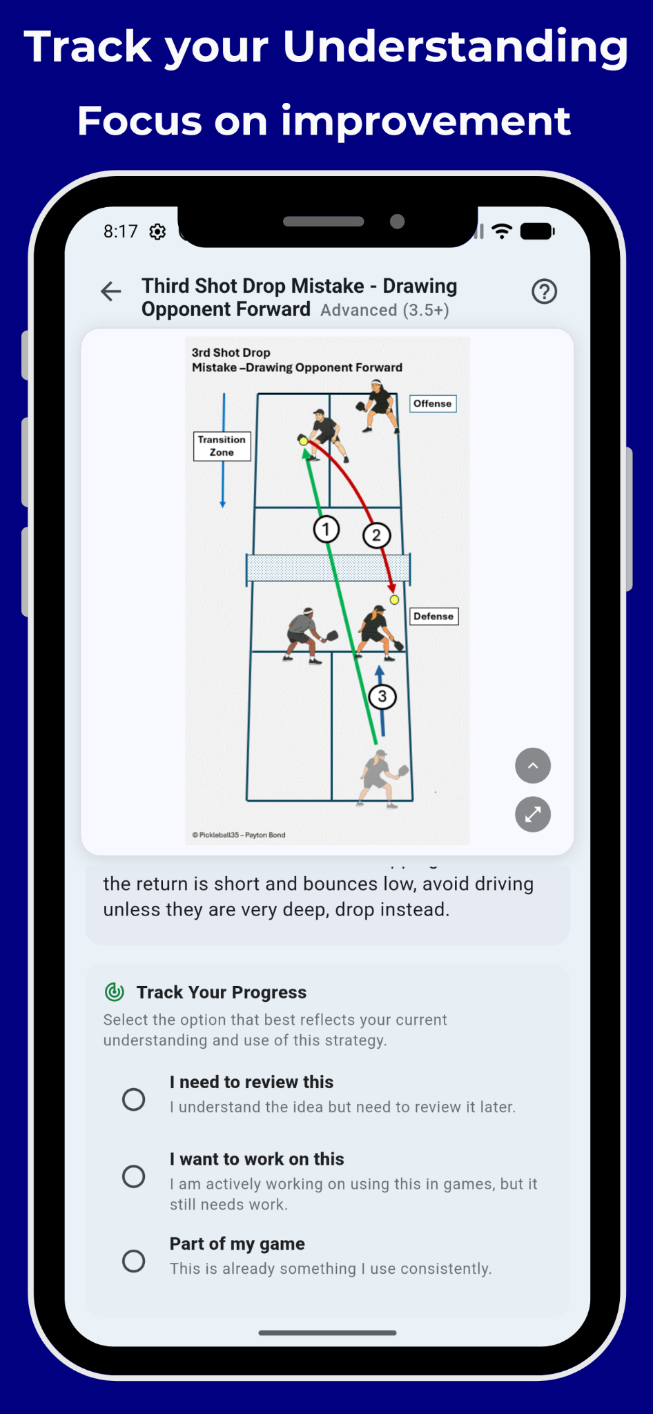 Pickleball strategy progress tracking screen